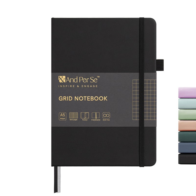⩓ Per Se Graph Journal Notebook، 160 صفحة، 5.7 × 8 بوصة مجلات ورقية سميكة مسطرة بالكلية للكتابة، دفتر ملاحظات بغلاف شبكي (حزمة واحدة، أسود) - Image 1